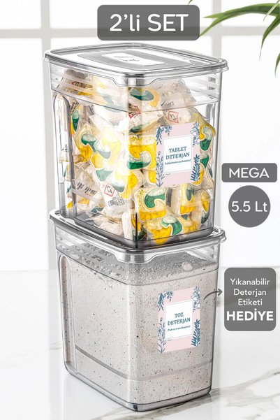 2-Piece Mega Labeled Detergent Storage Box Lena Tablet Detergent Storage Container with Practical Lid 2x5.5 Lt