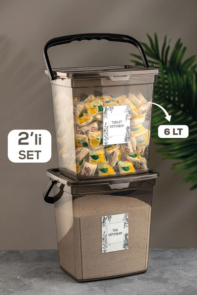 2-Piece Labeled 6 Lt Detergent Storage Container - Tablet Detergent Storage Box with Handle Anthracite