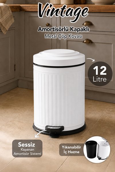 Metal Vintage Trash Can - Bathroom Kitchen Pedal Trash Can with Shock Absorber Lid and Inner Container 12Lt White