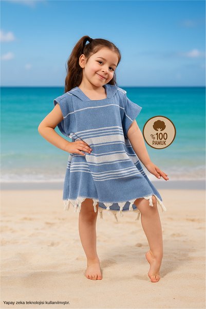 Children's Bathrobe Poncho %100 Cotton Beach Towel Pashtemal Blue
