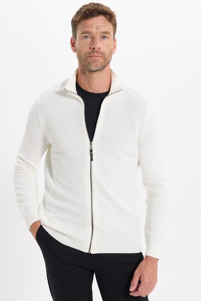 Men's Standard Fit Regular Cut Patterned Half Turtleneck Zippered White Cardigan