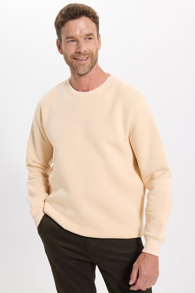 Unisex Relax Fit Comfortable Cut Cotton 3 Thread Fleece Inside Beige Color Crew Neck Sweatshirt