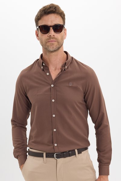 Men's Slim Fit Slim Fit Plain Oxford Embroidered Button-Down Collar Brown Sports Shirt