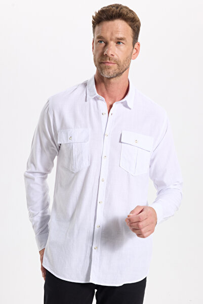 Машка кошула со класичен крој, Regular Fit, Oversize, 100% памук, ленена текстура, со два џеба, бела