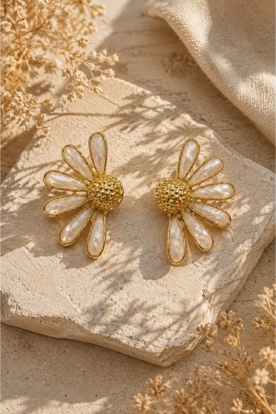 Yellow Color Enamel Detailed Stylish Half Daisy Earrings Women's Bijouterie Jewelry Accessory