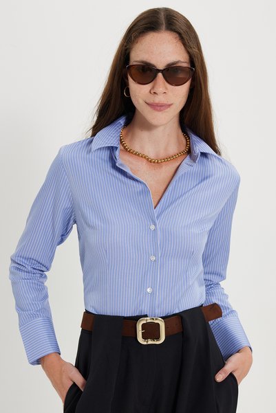 Women's Slim Fit Slim Fit Cotton Long Sleeve Striped Blue Women's Shirt