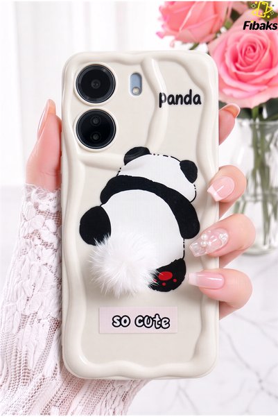 Redmi 13C Case Designed Patterned Camera Protected Silicone Cover with Panda White Tassels