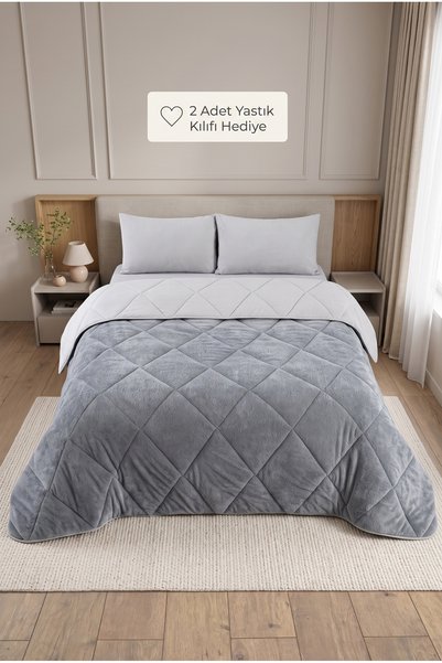 King Size Gray Luxury Wellsoft Double-Sided Quilt Set with Pillowcase 215X235 cm |   Quilt |   Dowry