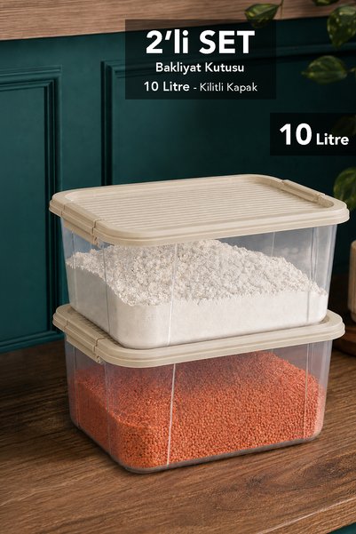 2-Piece 10Lt Lockable Lid Organizer - Elora Bakliyat Food Storage Container Kitchen Organizer Box Beige