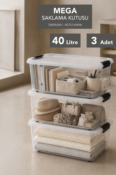3-Piece 40Lt Large Storage Box - Elora Multi-Purpose Organizer with Locking Lid Transparent