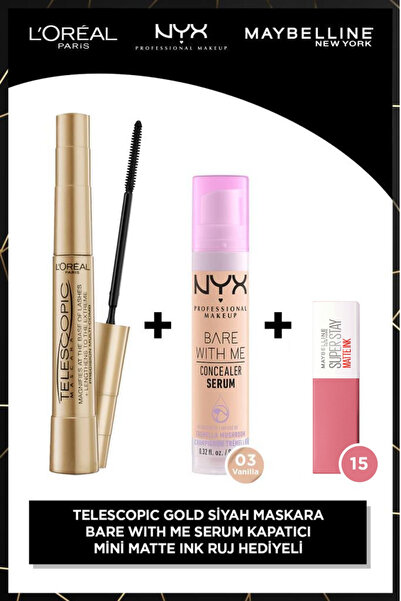 Telescopic Gold маскара + Bare With Me коректор 03 + Matte Ink мини кармин 15