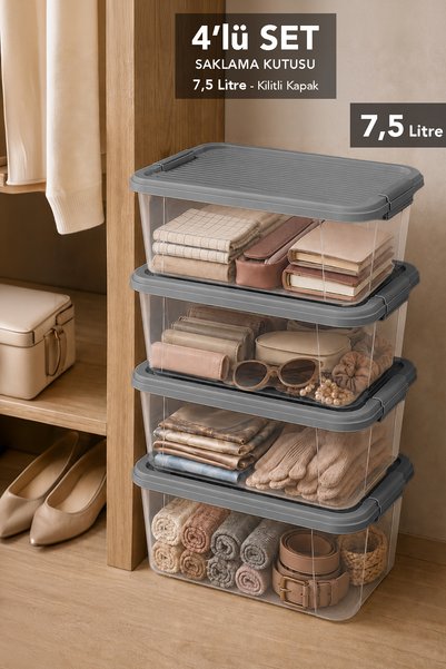 4-Piece 7.5Lt Elora Organizer Box - Organizer Storage Box with Lockable Lid for Inside the Cabinet, Gray