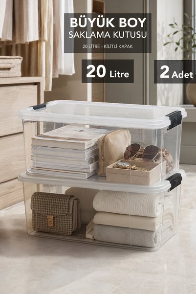 2-Piece 20Lt Lockable Lid Storage Box - Elora Multi-Purpose Cabinet Organizer Organizer Box Transparent