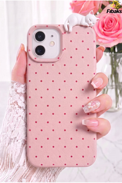 iPhone 11 Case 3D Cat Pink Polka Dot Figure Camera Protected Silicone