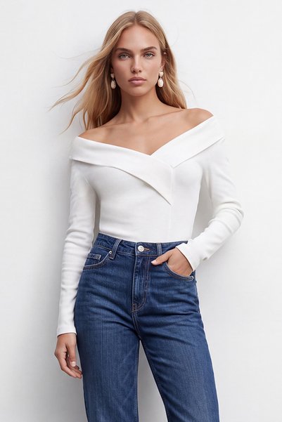Women's White Wide Collar Ottoban Blouse Alc-X14342