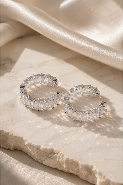 Women's Silver Color Baguette Stone Steel Hoop Earrings – Lumière