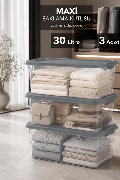 3 Pieces 30Lt Elora Storage Box - Closet Organizer Lockable Lid Organizer Multi-Purpose Box Gray