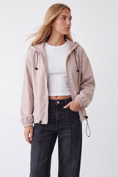 Women's Beige Hooded Seasonal Jacket with Hidden Pockets and Front Zipper Alc-X13415