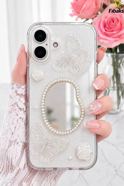 iPhone 16 Case 3D Butterfly Rose Pattern Mirrored Glitter Transparent Design Silicone Cover