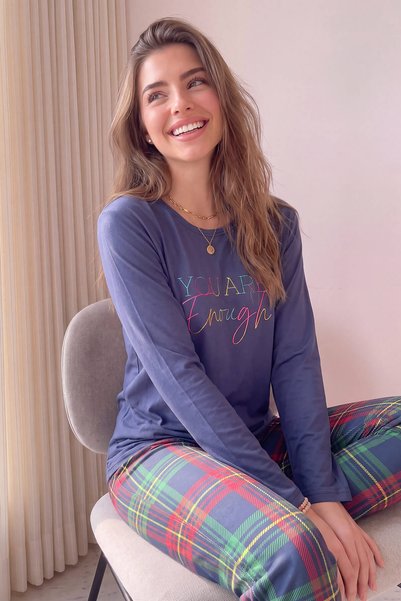 Navy Blue Enough Patterned Bamboo Long Sleeve Women's Pajama Set