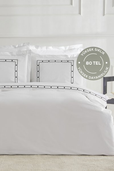 Diane 80 Thread 100% Cotton Double Percale Duvet Cover Set Embroidered White