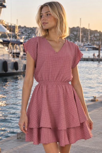 Women's Dusty Rose V-Neck Elastic Waist Skirt Layered Flared Dress Arm-23Y001118