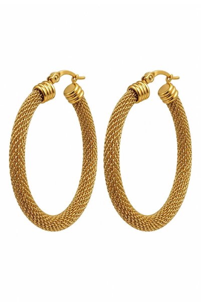 Noire Concept Women's Yellow Steel Wicker Pattern Hoop Earrings (3.5 cm)