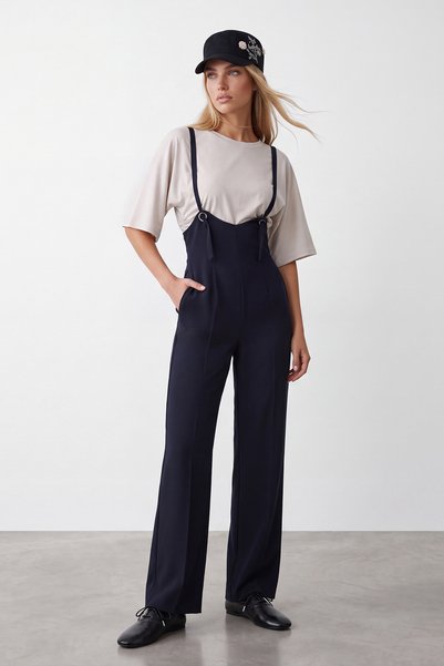 Navy Blue Double Pocket Strap Lycra Salopet Jumpsuit Alc-X11539