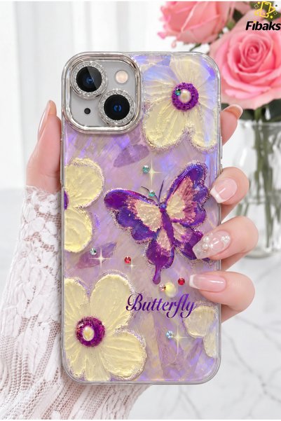 iPhone 13 Case Color Gradient Stone Camera Lens Protected Glitter Butterfly Pattern Shock Absorbing Cover