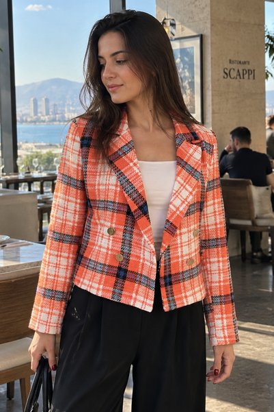 Women's Orange-Black Lapel Collar Tweed Crop Jacket ARM-24K001014