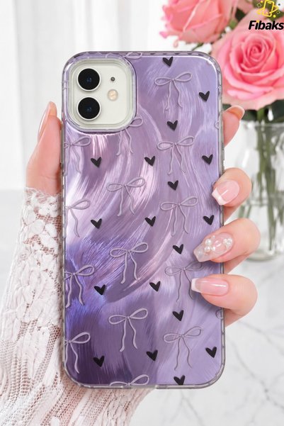 iPhone 11 Case Holographic Black Heart Purple Bow Pattern Shock Absorbing Camera Protected Silicone