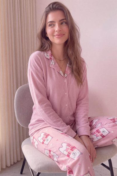 Pink Bear Patterned Thermal Button-Front Long-Sleeve Women's Pajama Set