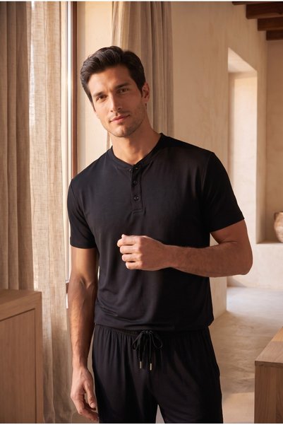 Men's Silver Buttoned Pajama Top Black