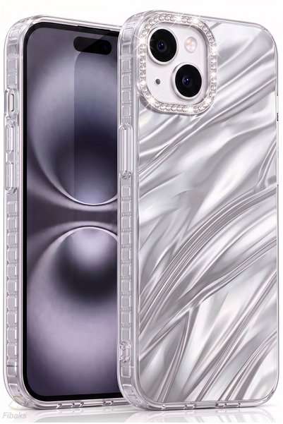 iPhone 13 / 14 / 15 Case with Rhinestones, Shiny Wave Pattern, Camera Frame, Shock Absorbing Protection, Silicone, Silver