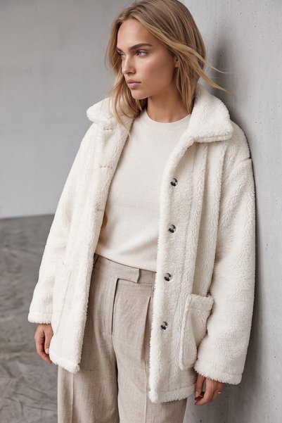 Women's Ecru Double Pocket Buttoned Front Oversize Plush Jacket Alc-X11149