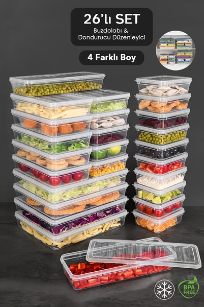 26-Piece Refrigerator Organizer with Transparent Lids - Storage Container Microwave Compatible Organizer