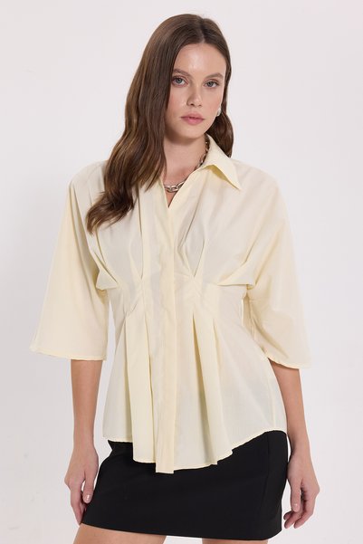 Women's Regular Fit Classic Cut Short Sleeve Terycotton Fabric Pleated Yellow Shirt