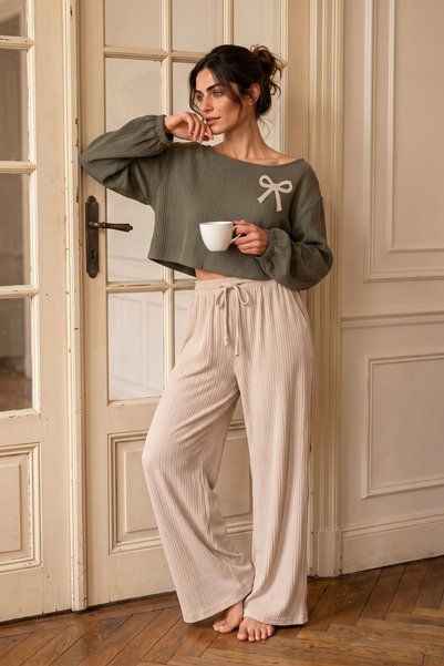Khaki Green Crop Top Wide Leg Women's Pajama Set