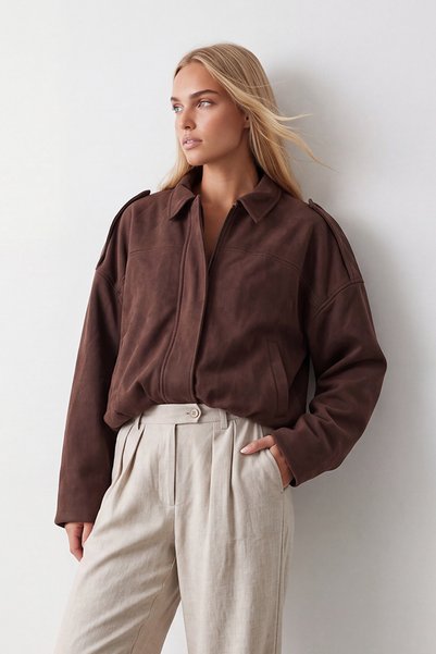 Brown Shoulder Epaulettes Lined Faux Suede Bomber Jacket Alc-X14526