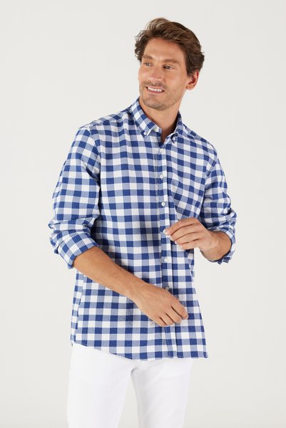 Men's White-Navy Blue Slim Fit Narrow Cut Button Collar Checked Shirt