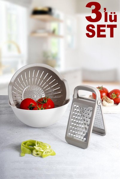 Handy Beige 3-Piece Meal Prep Set – Folding Grater with Bowl Strainer