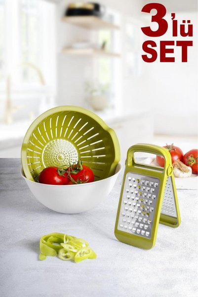 Handy Green 3-Piece Food Prep Set – Bowl Strainer Folding Grater