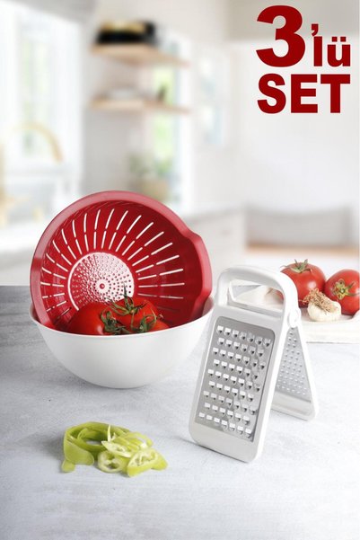 Handy Red 3 Piece Meal Prep Set – Bowl, Strainer, Folding Grater