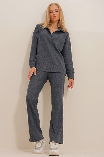 Women's Anthracite Polo Collar Top and Palazzon Trousers Knitwear Bottom Top Set ALC-796-001