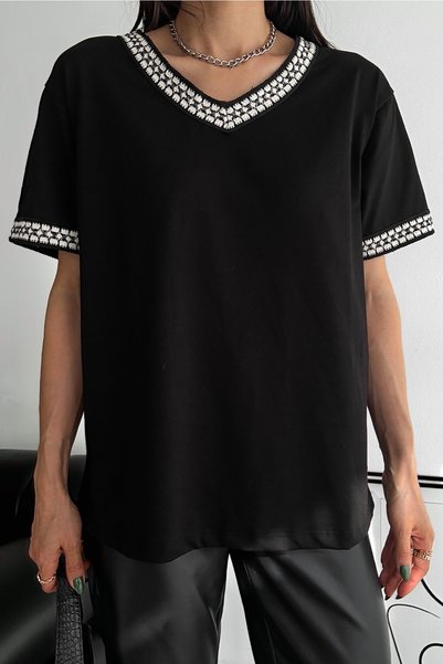 Women's V-Neck Cotton T-Shirt with Straw Stripe Detail on Collar and Sleeves