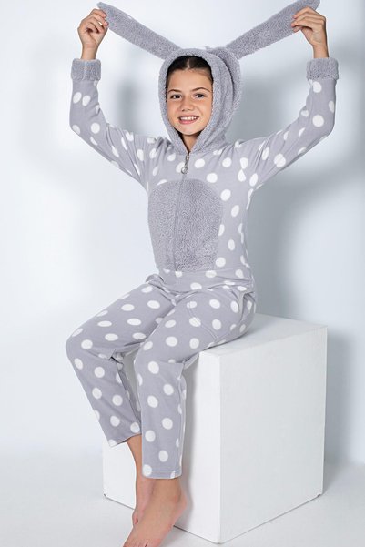 Gray Dot Patterned Girl's Fleece Plush Jumpsuit Pajamas