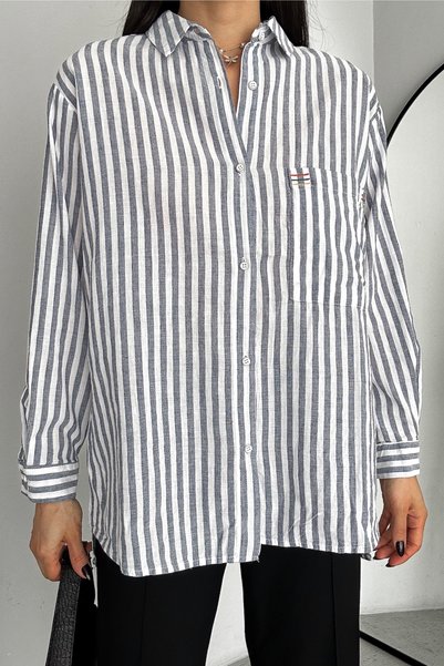 Women's Gray Folding Cufflinks, Slits, Single Pocket, Striped 75% Cotton 25% Linen Shirt
