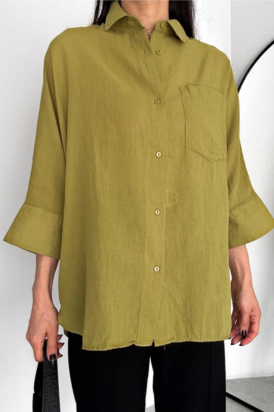 Women's Oil Green New Season Poor Sleeve Single Pocket Oversize Cotton Shirt