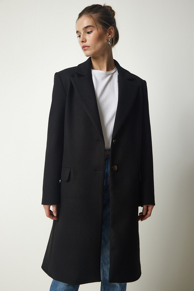 Women's Black Double Breasted Collar Buttoned Cashmere Coat TO00114