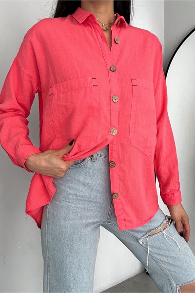 Women's Wooden Button Folding Sleeve Double Pocket Loose Flowy Loose Fit 65% Cotton 35% Linen Shirt